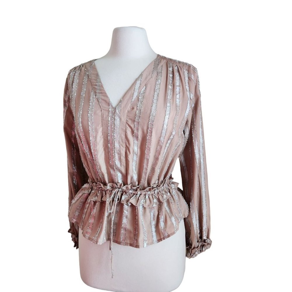 Current Air Women Metallic Stripe Long Sleeve Blouse In Dusty Rose Size Small
